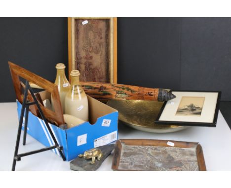 Mixed Lot including Three Stoneware Wine / Spirit Bottles together with Enamel Ladle, Three Picture Easels, Parasol, Chinese 