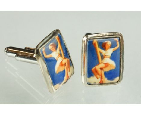 Pair of silver and enamel set cufflinks 