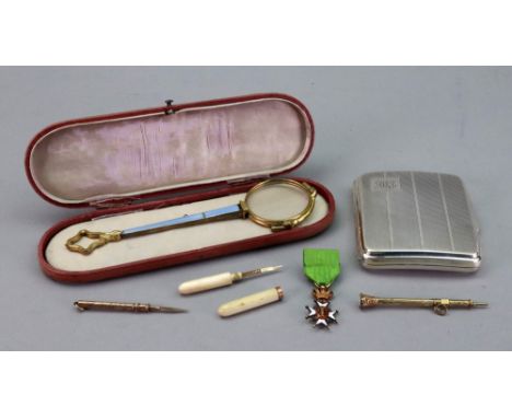 An engine turned silver cigarette case, Birmingham 1934, 3ozs, a foliate engraved toothpick, detailed 9ct, another in bone ca