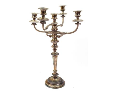 A George III style electroplate five-light candelabrum, with campana shape sconces, foliate tied reeded scrolling branches, g