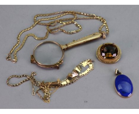 A pair of lorgnette on heart link chain, clasp stamped 9ct, a gold necklace with tapered rectangular design, stamped 9K, a cu
