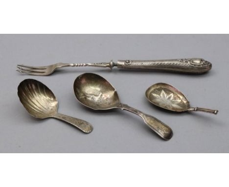 A George III silver bright cut engraved shell bowl caddy spoon, George Wintle, London 1809, initialled 'M', silver fiddle and