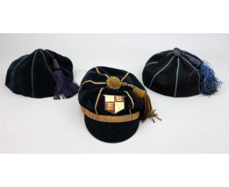 A vintage black velvet Sherborne School cap, with gold braid and tassel, with school crest, and two others, all labelled 'R L