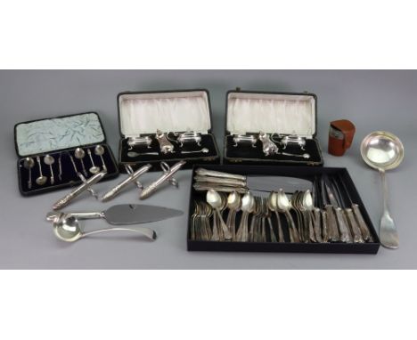 Three pairs of electroplate asparagus eaters, six piece cruet set, in Georgian style, in two fitted cases, cased Victorian te