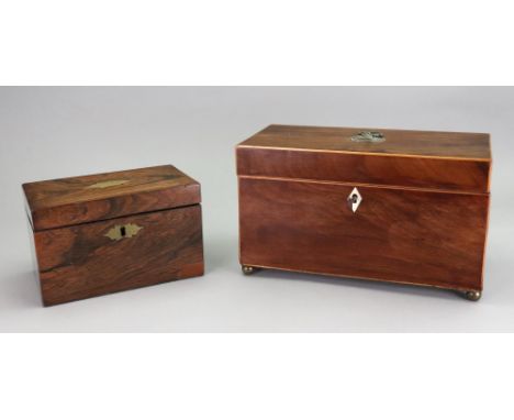 A George III mahogany boxwood banded rectangular tea caddy, the hinged cover enclosing two divisions and a recess with glass 