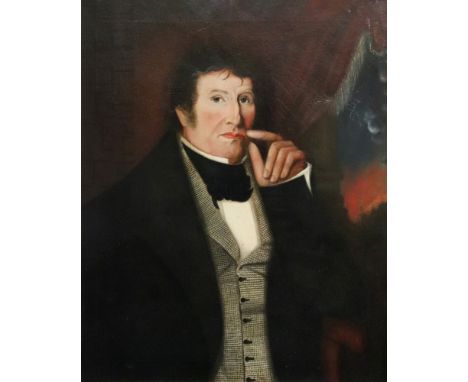 American Naïve School, 19th Century, Portrait of a gentleman with a burning tree in the background, and a companion portrait 