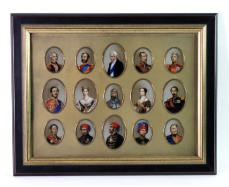 French, 19th Century, Crimean War; a set of fifteen hand coloured oval prints, mounted together, depicting the allied soverei