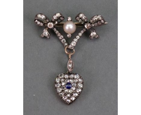 A diamond and cultured pearl brooch with a detachable diamond and sapphire heart shaped cluster pendant, the brooch with a cu