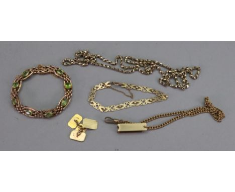 A gold, peridot gate link style bracelet with safety chain, stamped 9C, 16.99g gross, a gold fancy link bracelet stamped 9CT,