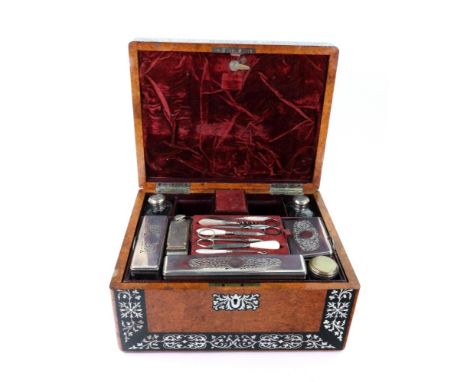 An early Victorian burr walnut ebony banded toilet box, with foliate mother of pearl inlaid borders, vacant cartouche and esc