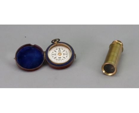 A Victorian gilt metal cased pocket compass, 4cm diameter, in leather covered blue velvet lined hinged carrying case, and a s
