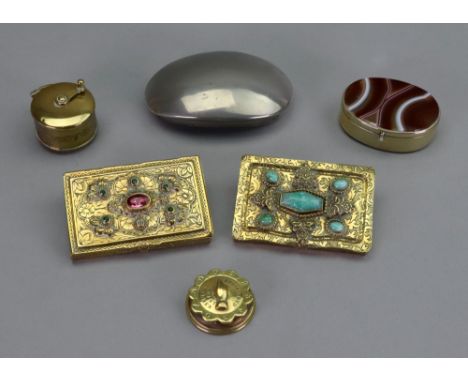 A Victorian circular gilt metal registered whist marker, 3.5cm diameter, registration marks, circular gilt metal cased tape m