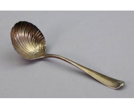 A George III Hanoverian pattern silver sauce ladle, Thomas Dene, London 1766, with shell bowl, 16.5cm long, 1.5ozs.