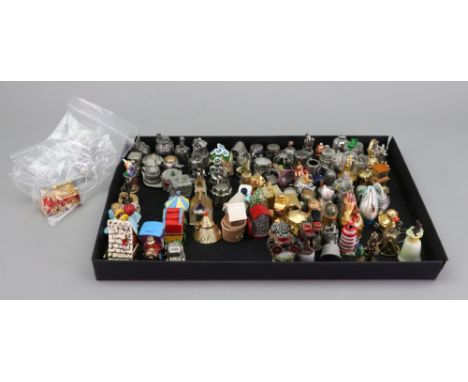 Thimbles: Metal whimsical and many containing tiny figures, circus, birds, fairy, parrot in cage, fire engine and others (qty