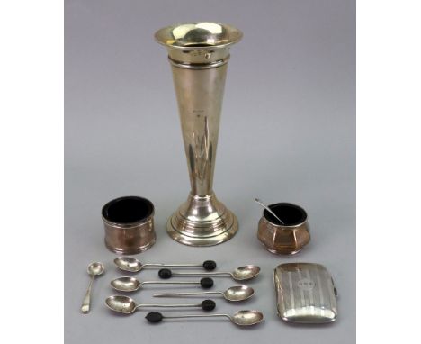 An Edwardian silver trumpet shape flower vase, William Hutton &amp; Sons, Birmingham 1908, 20cm high, loaded, two silver salt