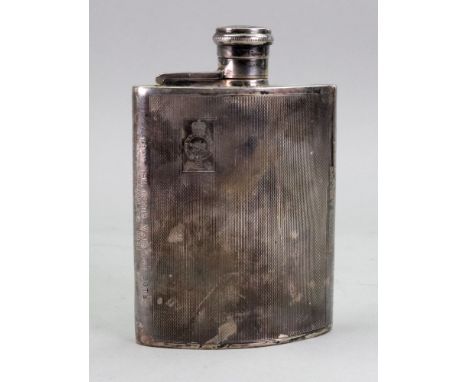 An engine turned silver hip flask, Birmingham 1959, curved to fit the pocket, with bayonet fitting screw cap, engraved in a r