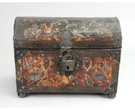 A 16th century style rectangular domed top faux tortoiseshell covered box, first half 19th century, the scrolled corner mount