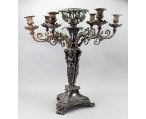 An Old Sheffield plate six-light candelabrum centrepiece, early 19th century, the three semi draped classical maidens support