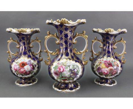 A garniture of three Chamberlains Worcester two-handled vases, circa 1840, each painted with a panel enclosing a flower bouqu