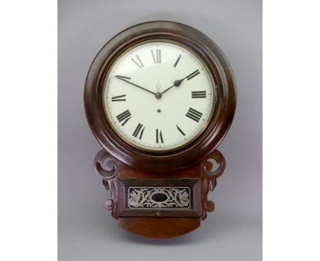 B.U.C. Co; a late Victorian mahogany drop dial wall timepiece, the enamel dial with Roman numerals, 62cm high, with key (2).