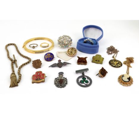 A selection of costume jewellery, including; a silver RAF wings brooch, a silver pendant, silver and blue guilloche enamel pe