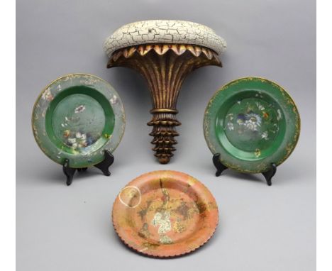Two early Victorian papier mache plates, painted with flowers and gilded against an apple green ground, 18cm diameter, and an