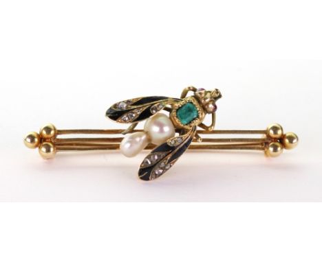 An emerald, cultured pearl and gem-set fly bar brooch, the body comprising an emerald and two baroque pearls, the wings with 