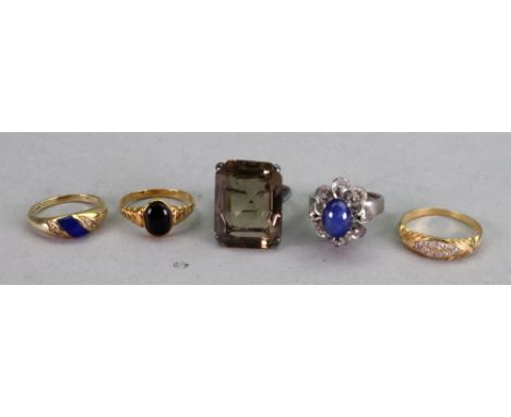 A white gold and star sapphire floral design ring, stamped 18K, size L, 5.58g gross, a 9ct gold, blue panel and diamond set r