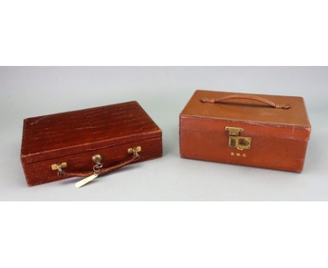 A vintage rectangular crocodile jewellery case, J.C. Vickery, Regent Street W, the hinged cover enclosing two velvet lined di