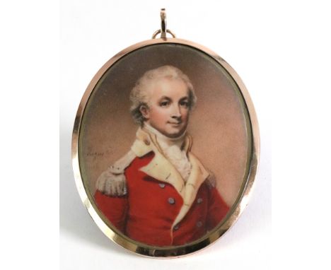 English School, circa 1790, A portrait miniature of an Officer of The East India Company, wearing a scarlet coat, signed 'Aug
