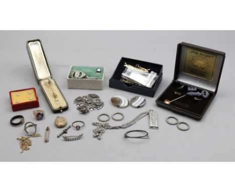 A collection of jewellery, comprising; eight rings, a diamond stick pin, in a box, another stick pin, two agate oval disks, a