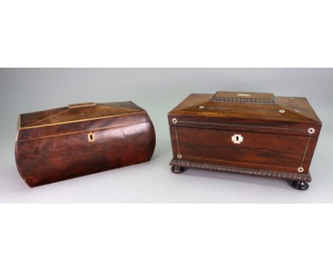 A William IV rosewood pewter strung and mother of pearl sewing box, of sarcophagus shape, with gadroon borders, on turned bun