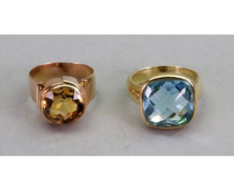 A gold and topaz rubover set ring, ring size R, 11.48g gross and a rose gold and citrine set ring, ring size O, 8.86g gross, 