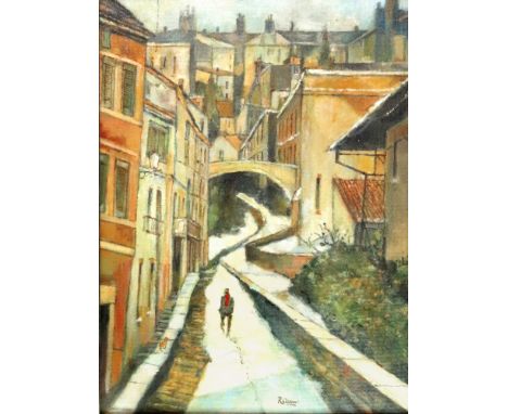 R Gibson (British, 20th Century) Street scene, signed 'R Gibson' (lower centre), oil on board, 60 x 44cm. May be subject to A