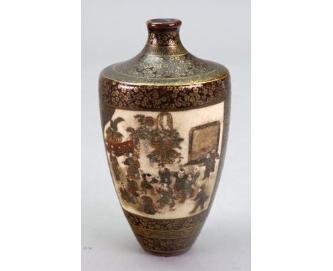 A Japanese Satsuma miniature vase, Meiji period, with tapered sides, painted on one side with figures on a balcony watching a