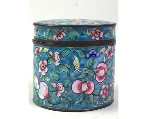 CHINESE ENAMEL CIGARETTE BOX, ALONG WITH A PARASOL AND A HAND PAINTED SCROLL all circa 1930sthe jar 8cm high