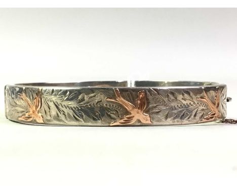 SILVER BANGLE, AND VARIOUS BROOCHES the bangle inlaid with rose gold birds, also a Russian enamel brooch, mother of pearl ova