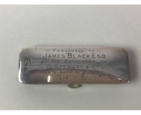 EDWARDIAN SILVER PIN CASE, CHESTER MARKS with a presentation inscription dated 1906, containing a stick pinthe case 8cm long 