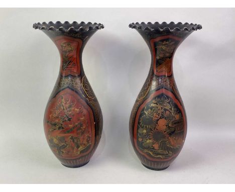 PAIR OF JAPANESE LACQUERED VASES, LATE 19TH/EARLY 20TH CENTURY decorated with birds, trees and foliage in relief, underneath 