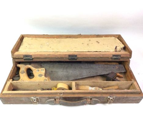 VINTAGE TOOL BOX, housing some tools including a saw and plane