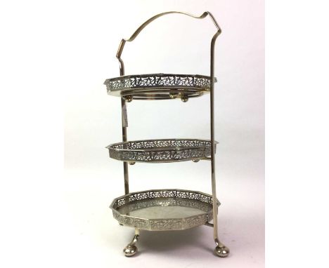 SILVER PLATED CAKESTAND, AND OTHER PLATED WARE the cakestand with three removeable tiers, each with pierced borders, also inc