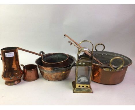 GROUP OF COPPER WARE, including pans, ladle and skimmer, also a brass lantern