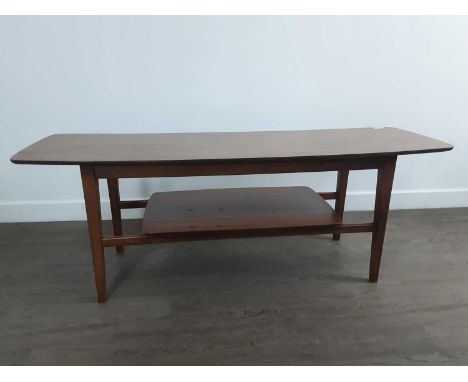 TEAK COFFEE TABLE, 20TH CENTURY the rectangular top above a single tier shelf, on square tapered supports121cm long