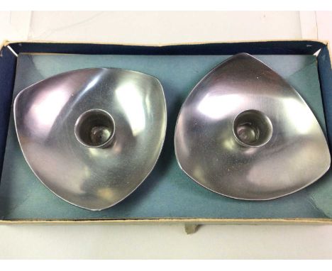 STAINLESS STEEL VINTAGE CANDLESTICK HOLDERS, AND GLASSWARE  one vase of elongated form, the other in a squat dish formQty: 3