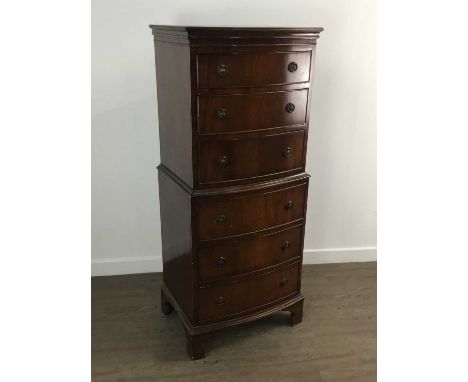 MAHOGANY BOW FRONT CHEST ON CHEST, on bracket feet132cm x 59cm