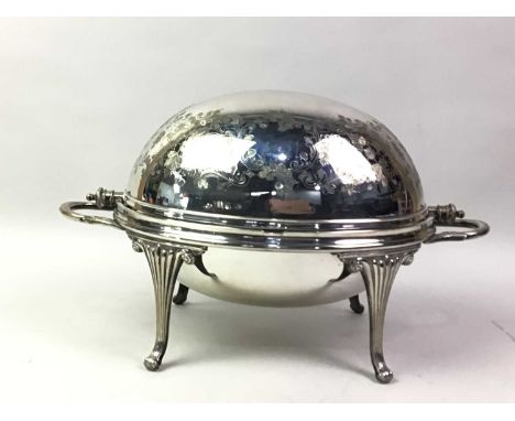 LATE VICTORIAN SILVER PLATED ROTATING BREAKFAST DISH, ALONG WITH FURTHER PLATED WARE including two entree dishes, pair of fer