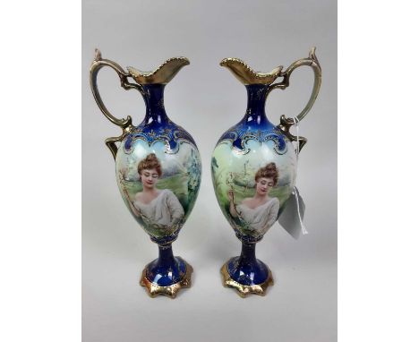 PAIR OF R S PRUSSIA CLASSICAL EWERS, AND OTHER CERAMICS the ewers each decorated with a maiden gathering blossom, also includ