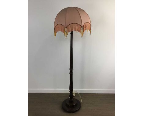 STAINED OAK STANDARD LAMP, on circular base with shade172cm high