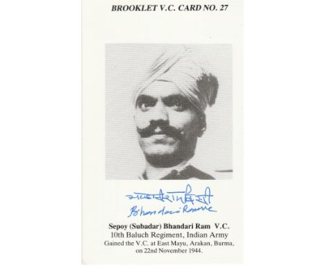 Rare Victoria Cross winners Sepoy Bhandari Ram VC signed Brooklet card. Signed in Indian and English. On the 22nd November 19