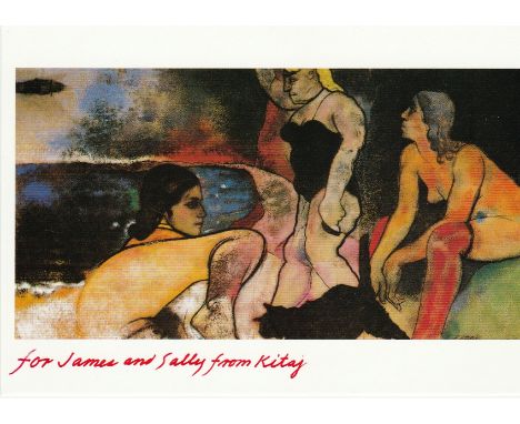 Artist Ronald Brooks Kitaj signed in red to bottom of 6 x 4 inch colour postcard of his painting The Rise of Fascism, to Jame